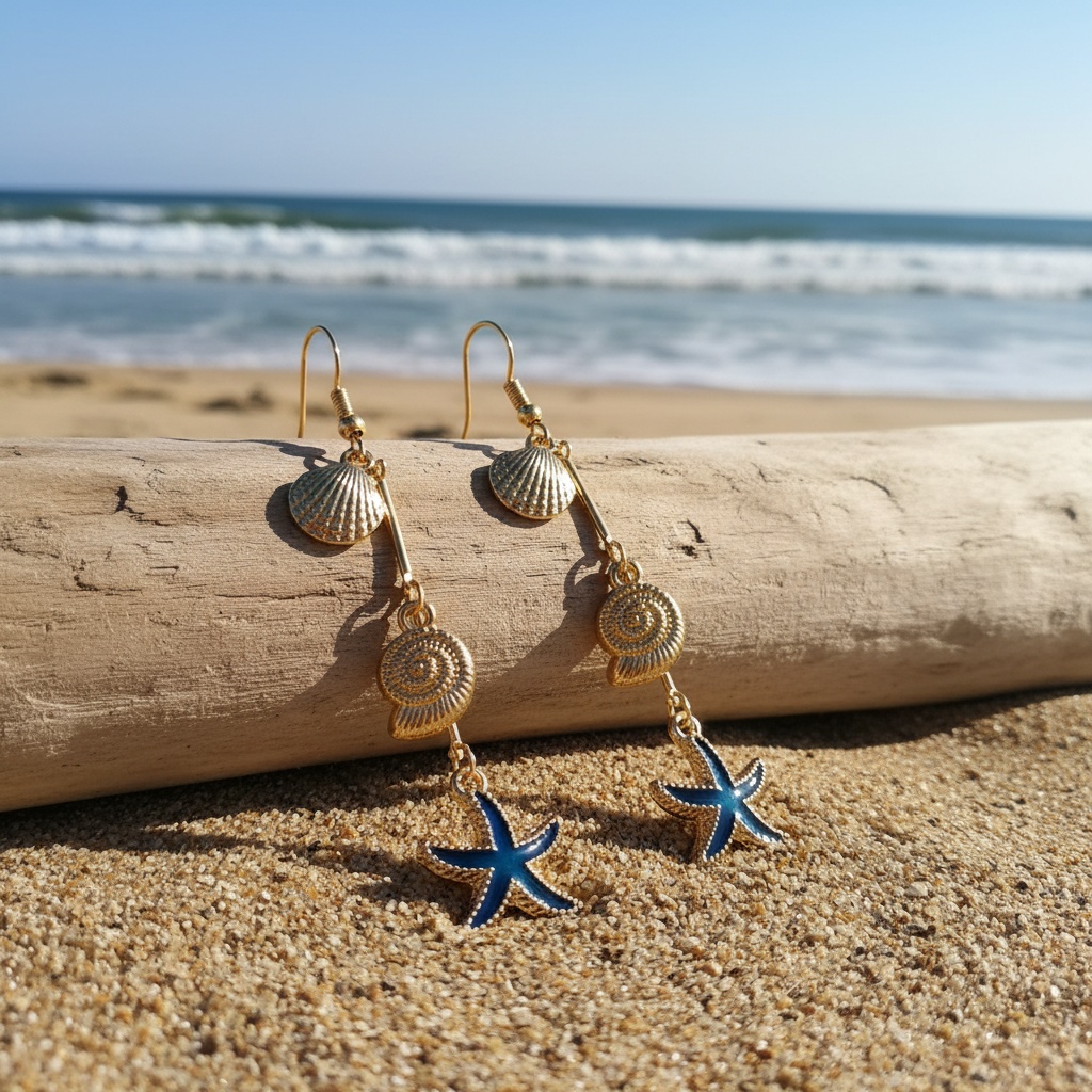 Women's Stylish Summer Drop Earrings, Starfish and Seashell Design